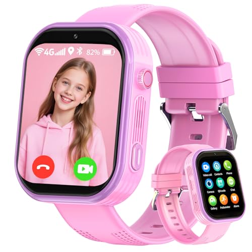 clleylise 4G Reloj inteligente para niños, reloj GPS para niños, videollamada, reloj inteligente para niños con IP68 resistente, voz, llamada SOS, juego, regalos para niños y niñas de 4 a 16 (Rosa-4g)