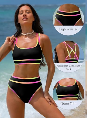 Image of popvil Women's High Waisted Bikini Sets 2026 Neon 2 Piece Swimsuit