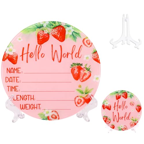 Image of CORNER LACE Acrylic Baby Birth Announcement Sign with Stand, Strawberry Double-Sided Newborn Name Board Red, Hello World Milestone Card for Welcome Baby Hospital Nursery Gift Photo Prop
