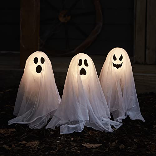 Lights4fun 3er-Set Halloween Geister Gespenster Ghosts | Stableuchten mit Erdspieß & Timer | Batteriebetrieben… – Ansicht 1