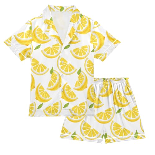 Yellow Summer Lemon Summer Satin Pajama Set, Cute Button-Down Sleepwear Pj Set for Sleep Wears