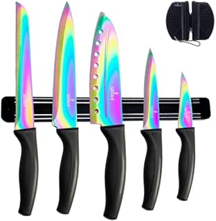 SiliSlick Stainless Steel Colorful Knife Set - Titanium Coated Kitchen Starter Set with Rainbow Utility Knife, Santoku, Bread, Chef, & Paring Knives with Black Sharpener Tool & Magnetic Mounting Rack
