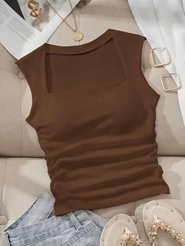 Image of ADBUCKS Women's Ribbed Square Neck Tank Top - Double Layered Ruched Vest, Slim Fit Stretch Fabric Sleeveless Top Without Chest Pad