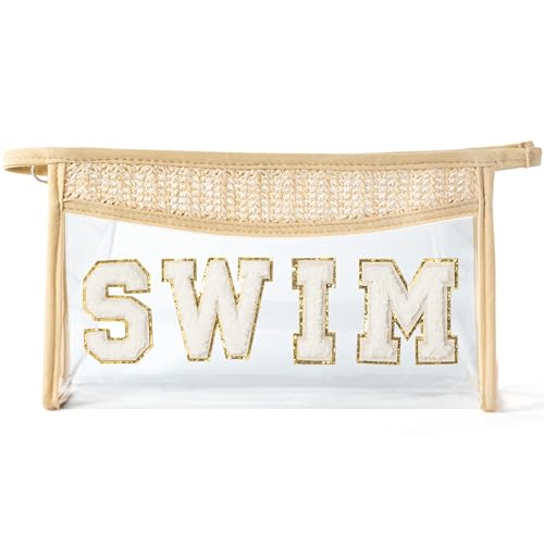 Belanttega Boho Patch Cosmetic Bag - Summer SWIM Chenille Varsity Letter Toiletry Kit Beige Clear Waterproof Travel Makeup Bag PVC Zipper Clutch Daily Use Purse Summer Gift for Women Girls