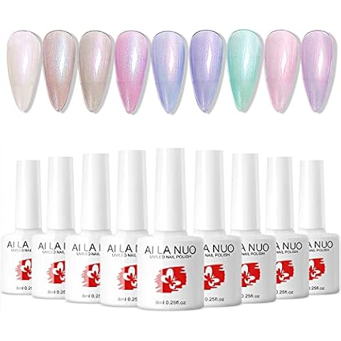 9 Pcs White Mermaid Polarized Glitter Gel Nail Polish Set Purple Gary Blue Shimmer Gel Polish Kit Pearl Holographic Shell Nail Polish Set Nail Art Varnish Manicure Gifts (Holographic Mermaid Glitter) Cover
