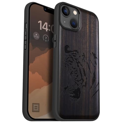 Étui en bois iPhone 14 Plus gravure tigre premium et magnétique