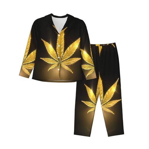 Pyjama imprimé cannabis doré EdWal femme | Ensemble vêtement de nuit tendance manches longues