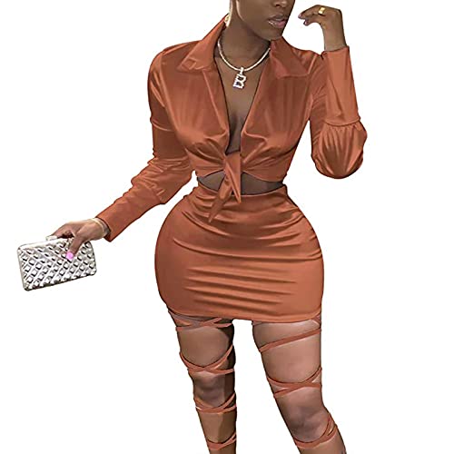 CLOCOR Sexy Club Outfits for Women Bodycon Dress Tie Front Crop Top and Mini Bodycon Skirt Two Piece Brown M