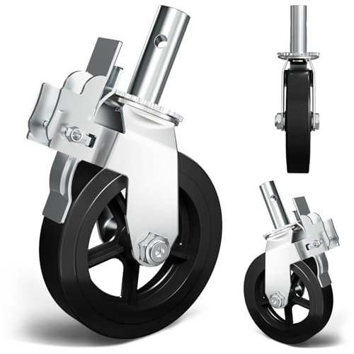 OK5STAR 8 Inch Scaffolding Wheels Scaffold Caster with Dual Locking Brakes Heavy Duty 750LBS Rubber Caters 1-3/8 Solid Round Stem Replacement for Scaffold Workbench Shelves