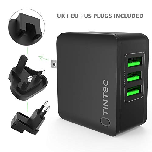 Tintec USB Charger Plug, Universal USB Plug UK/US/EU 3 Ports Rapid 24W/5V 4.8A AC Power Adapter Charger with Fast Charging for Apple iPad, iPhone, Samsung