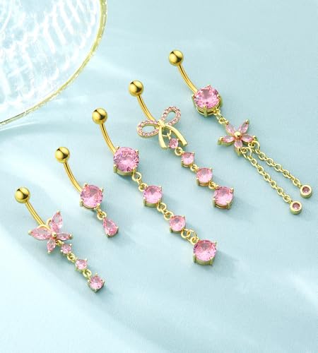 Belly Button Rings Gold Silver Pink Clear CZ Belly Rings for Women Heart Bow Flower Butterfly Teardrop Dangle Navel Belly Button Piercing Jewelry3