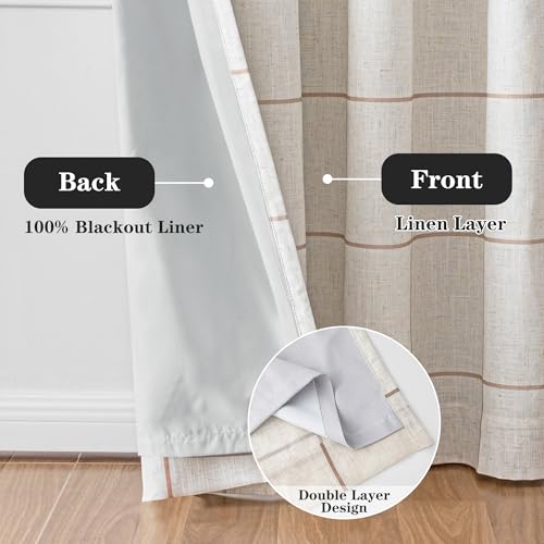 Image of MYSKY HOME Floor to Ceiling 100% Blackout Plaid Linen Curtains 96 Inch Long 2 Panels Set Farmhouse Double Layer Checkered Patterned Thermal Insulated Grommet Top Drapes, 52 inch W Each Panel, Brown