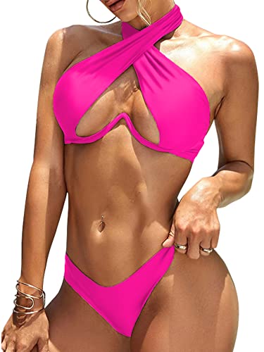 Lilosy Sexy Cute Underwire Cutout Halter Criss Cross Brazilian Bikini Tie Knot Swimsuit Set Women High Cut Thong Bathing Suit 2 Two Piece Hot Pink Small