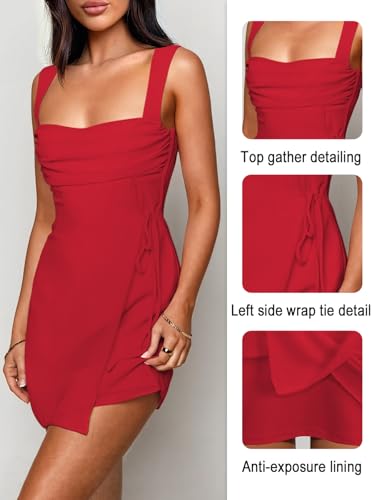 Image of Women's Sexy Ruched Mesh Midi Short Dresses for Women Square Neck Fitted Elegant Club Party Cocktail Dress