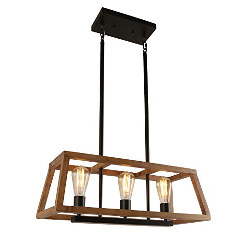 Limited Discount Farmhouse Wooden Chandelier Island Pendant Light Anmytek Vintage Trapezoidal Frame 3-Light Hanging Ceiling Light Fixture for Kitchen Living Room, C0093