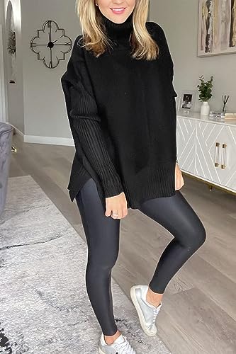 Womens Mock Turtleneck Sweaters Long Batwing Sleeve 2023 Fall Plus Size Asymmetric Hem Vintage Oversized Pullover Sweater Winter Tops Black