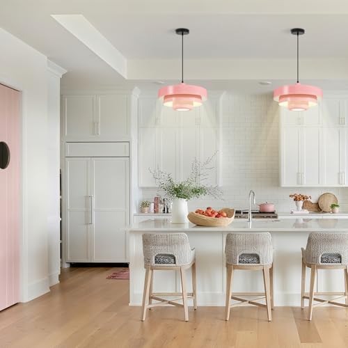 Image of 2-Pack Adjustable Pendant Lights, Scandinavian 3-Layer Pink Metal Pendant Lamp, 59 Inch Adjustable Wire Hanging Light, E26 Base for Kitchen Island Kids Room