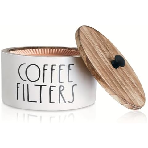 LONG TAO Coffee Filter Holder Coffee Filter Box Storage Container Rustic Coffee Filter Dispenser Basket with Lid for Counter Coffee Bar Accessories coffee filter canister (White) Cover