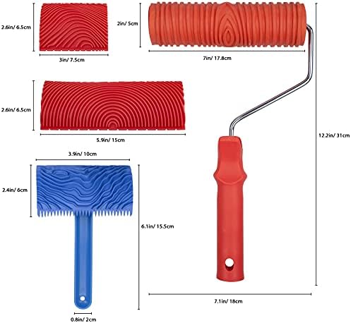 4Pcs Wood Graining Painting Tool, MOCOLOM Rubber Empaistic Wood Texture Pattern Roller with Handle, DIY Wood Grain Painting Tool Set Household Wall Art Paint for Wall Room Decoration