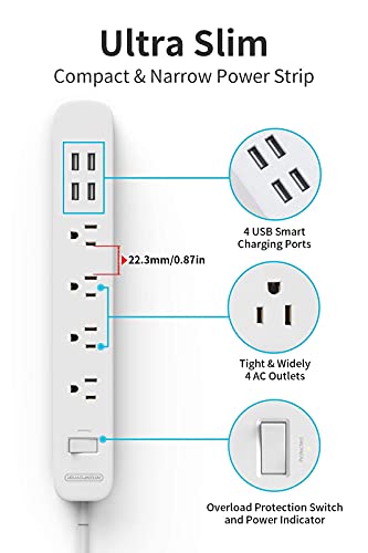 Ntonpower 2 Prong Power Strip With White Extension Cord 10 Ft, 4 Outlet Surge Protector Power Strip With 4 Usb Charging Ports For Laptop Home Office Desktop, 1700 J, Non Grounded Outlet Adapter #TOP5