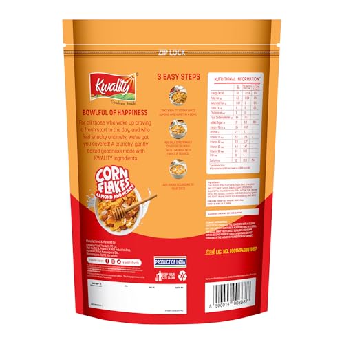 Image of Kwality Corn Flakes with Almond & Honey 300 g | Made Golden Corns 99% Fat-Free High in Protein Zero Cholesterol Healthy Breakfast Cereal