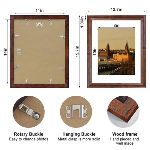 Image of iRahmen 11x14 Vintage Picture Frame with Mat 8x10 - High Definition Tempered Glass Wooden Photo Frames for Wall Mounting (Brown, Set of 4)