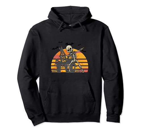 Halloween Skeleton Dabbing Haunted House Orange Sunset Sudadera con Capucha
