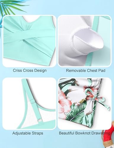 Girls Swimsuit Adjustable Straps Two-Piece Bathing Suit Tropical Floral Swimwear High Waist Tankini with Shorts 7-16y4