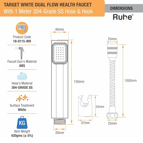 Image of Ruhe Target Water Saving White Health Faucet Set for Bathroom | 2 Flow Modes | Handheld Spray for Toilet | ABS Hand Gun with 304-Grade Stainless Steel Flexible Tube 1 Meter and Wall Hook /Holder