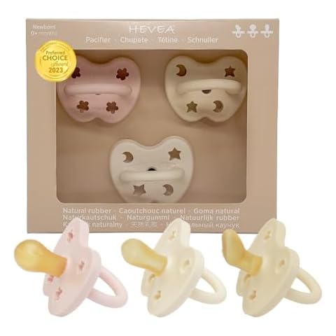 HEVEA Trial Trio-Pack Baby Pacifiers in Natural Rubber - Pacifier Sampler Pack with Three Teat Mix for Newborns 0+ Months, The Baby Girl Mix Cover