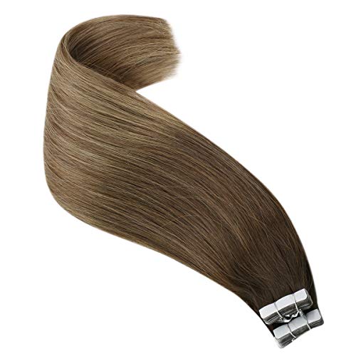Human Hair Extensions Tape in Real Hair Ombre Balayage 16 Inch Brown #4 Fading to #10 Golden Brown Mixed #16 Golden Blonde Tape in Extensions Seamless Hair 50g/20pcs