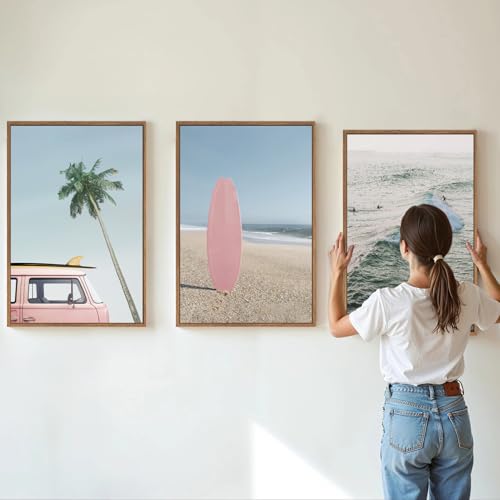 Tinonedraw Large Ocean Beach Framed Canvas Wall Art, Summer Coastal Surfboard Wall Decor, Palm Tree Pink Car Artwork, Modern Surfing Seascape Art Prints for Living Room Bedroom Office 16"x24"x3 by Tinonedraw - Used condition - Image 2