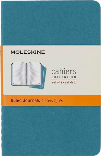 Moleskine Cahier Journal, Set 3 Notebooks with Ruled Pages, Cardboard Cover with Visible Cotton Stiching, Colour Myrtle Green, Large 13 x 21 cm, 80 Pages