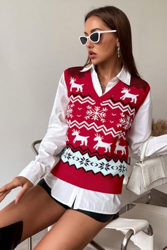 Image of JULYCLO Christmas Sweater Vest Women Ugly Xmas Reindeer Knit Sweaters Casual Santa Snowflake V Neck Sleeveless Outwear Tops