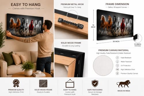 Image of 7 Horse Vastu Sunrise Canvas Painting | Positive Energy Wall Decor | Big Size Premium Running Horses Artwork for Home, Office & Hall Decoration (Modern, Sand Horse, 26x18 Inch)