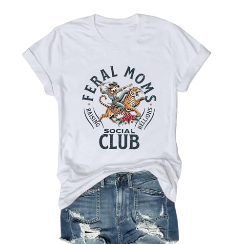 Image of Mama Shirts for Women Cool Feral Moms Social Club T-Shirt Vintage Western Graphic Shirt Funny Mothers Day Tee Tops