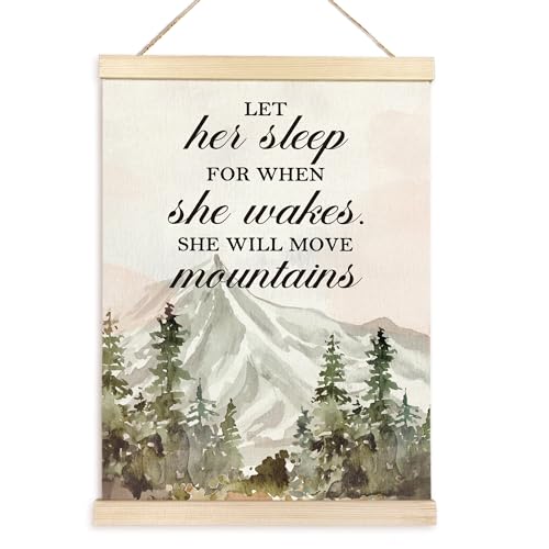 Image of TAEDIN Girl Nursery Wall Decor Poster Hanger Frame, Mountain Nursery Decor, Forest Woodland Wooden Canvas Artwork Print for Baby Girls Daughter Room Decor, Funny Quotes Mountains Wall Decor 12X16