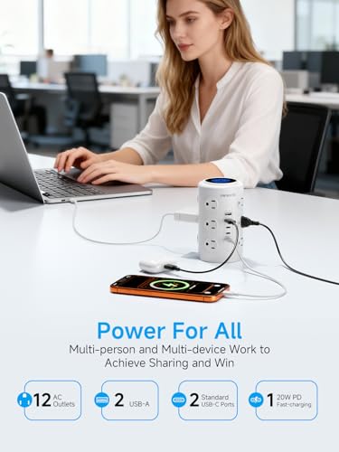 Image of Tower Power Strip with 1 Dedicated PD 20W Fast-Charging Port, 12 Outlets, 5 USB Ports (3 USB-C), 1800J Protector, Desk Charging Station for Multiple Devices,10FT Extension Cord, Home Office Essentials