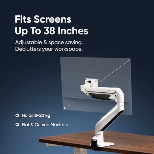 Image of Frido ErgoLuxe Single Monitor Arm Desk Mount, Height Adjustable Gas Spring Monitor Stand for Desk with Tilt, Swivel & Rotation,VESA Desk Mount for 17-38 inch Flat,Curved & Ultrawide Monitors,8-20kg, White