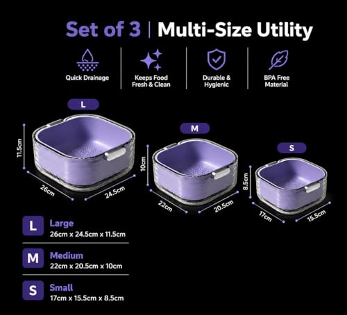 Image of 3-in-1 Vegetable Washing Basket with Drain Tray Set of 3,Kitchen Strainer & Colander Bowl,BPA-Free Vegetable & Fruit Washer with Handle (Purple)