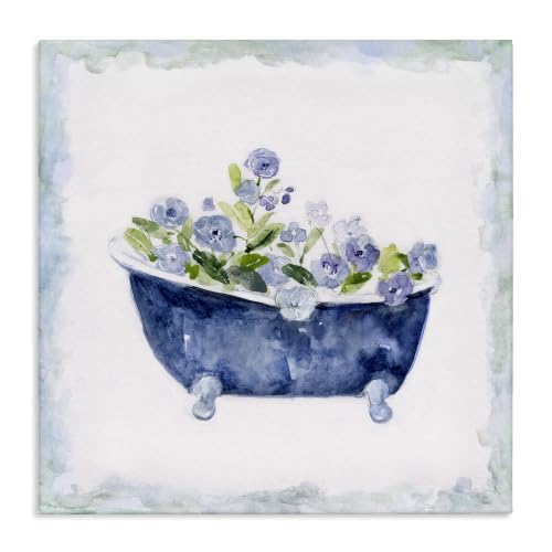 Stupell Industries Charming Blue Bathtub Botanical Floral Watercolor Border,Design by Sally Swatland, 24 x 24, Gallery Wrapped Canvas