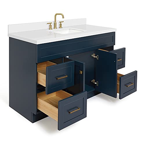 Ariel 55" Inch Midnight Blue Bathroom Vanity W/ 1.5" Edge Pure White Quartz Countertop & Splash | Rectangle Sink | 2 Soft Closing Doors | 4 Full Extension Dovetail Drawers | Toe Kick | Satin Nickel #TOP2
