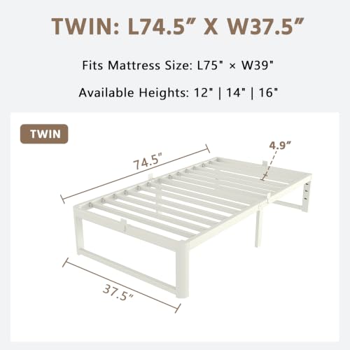 Image of ZTH Twin Size Metal Platform Bed Frame 16 in, No Box Spring Needed, White | Heavy duty support, Underbed storage, Noise-free design, Anti-slip clips, Rounded legs, Easy assembly, Headboard compatible
