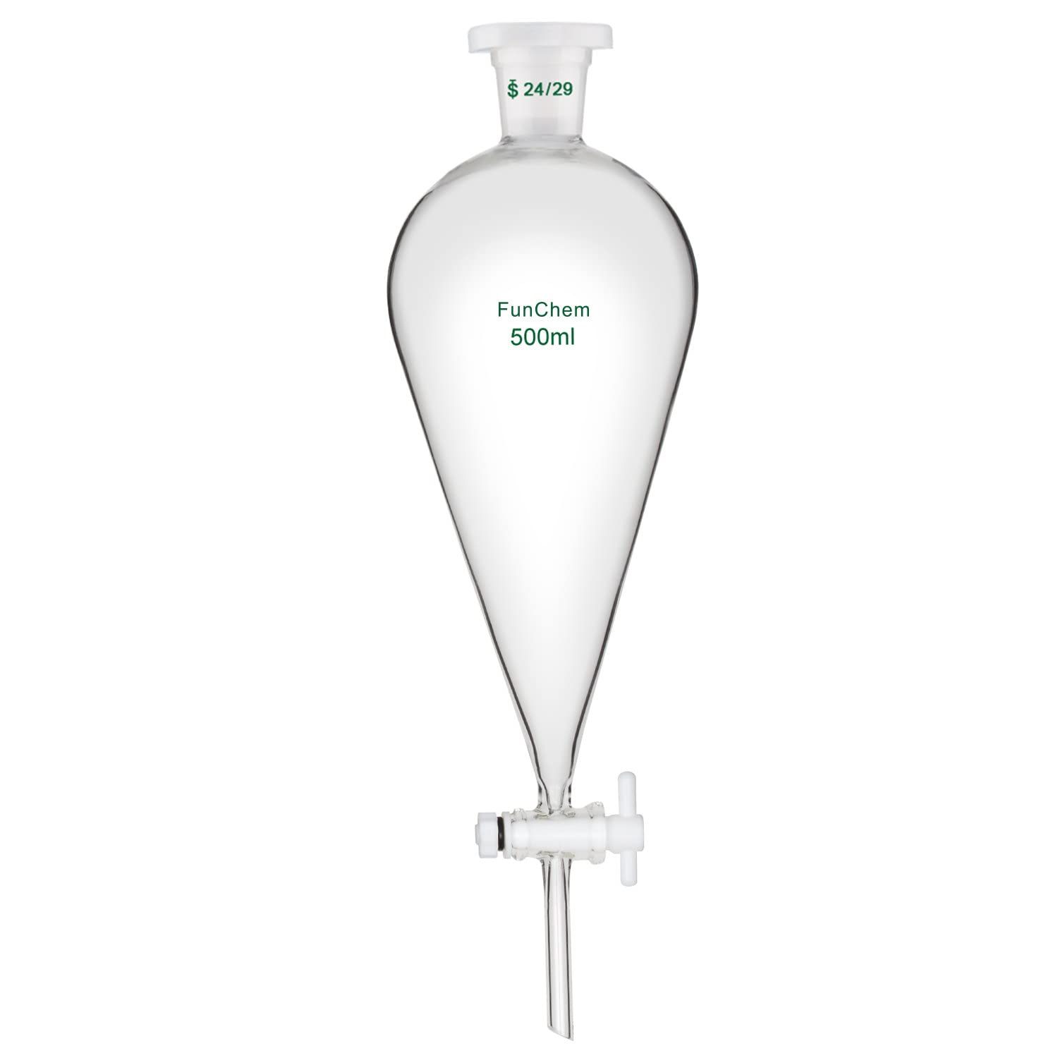 FunChem Imbuto Separatore Conico 500 ml con Giunti 24/29 e Rubinetto in PTFE, Imbuto in Vetro Borosilicato Design a Parete Spessa