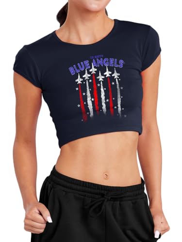 Popfunk Blue Angels Jet Flag Women's Cap Sleeve Baby Rib Crop Top