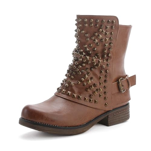 Pogolino Bottines à lacets pour femmes avec rivets Bottes de motard zippées plates et...