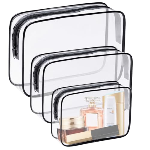 3 Pack Clear Cosmetic Bag, Waterproof Toiletry Bag with Zipper, Transparent Travel Makeup Bags, TSA Approved Clear Organizer Bags, PVC Cosmetic Pouch Case for Vacation Airport Airline Compliant