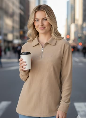 Image of Mack Jonney Women's Ribbed Zip Polo T-Shirt | Full Sleeve Collared Top | Camel Beige Casual Sweatshirt | Regular Fit-M7403