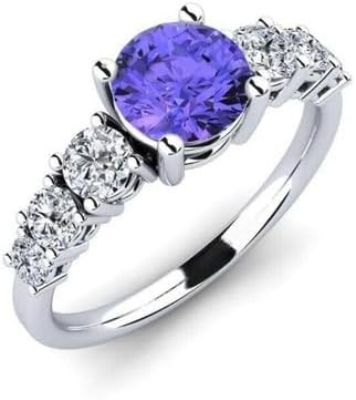 Radiant Collections 1.20 CT Round Cut Created Blue Tanzanite and White Diamond Prong Set Wedding Engagement Ring In 14K White Gold Plated 925 Seterling Silver Gift for Womens