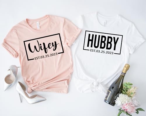 Wifey and Hubby Shirt Wedding Party Shirts Honeymoon Tees Matching Couple Shirts Wife and Husband Shirt Gift for Newly Married Couple Just Married Tshirt with Est Date2